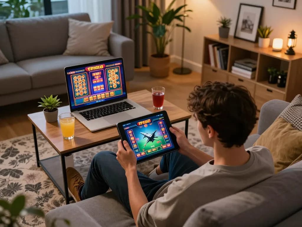 F168 player enjoying online casino gameplay on a tablet in a cozy home setting.