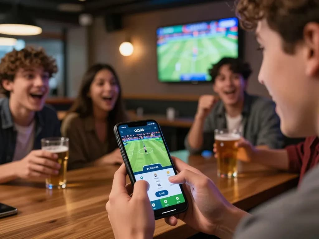 Betting excitement with qq88 app during a lively sports bar gathering, showing social engagement and mobile gaming