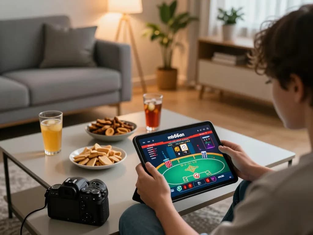 Engaging with mb66an casino poker game on a tablet in a cozy living room