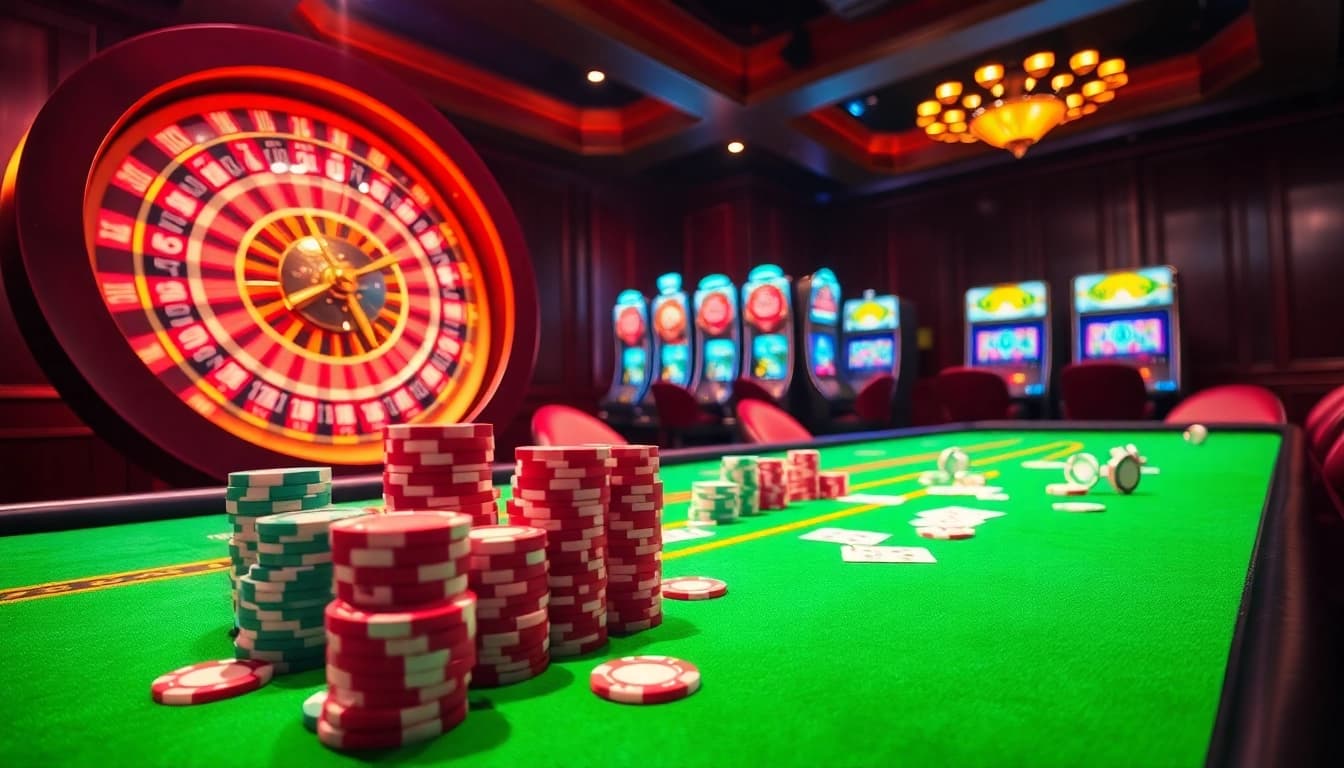 Experience the thrill of GACAM888 with vibrant casino visuals showcasing poker chips and roulette.