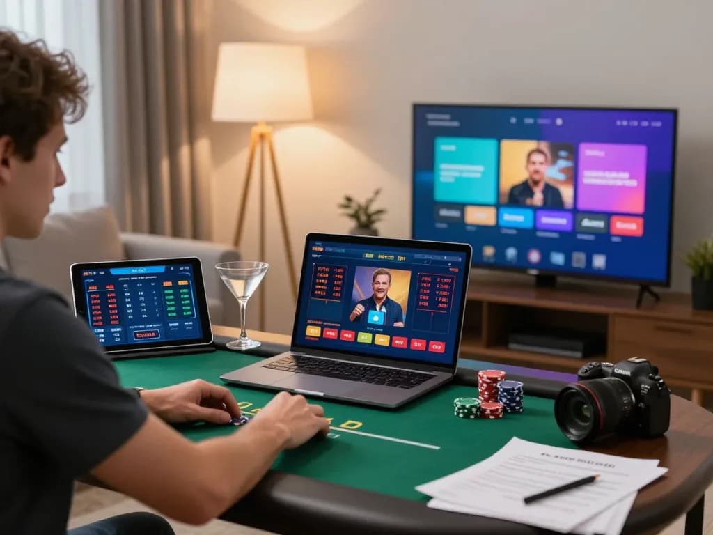 Player engaging with rr88 casino app on laptop and tablet in cozy home setting