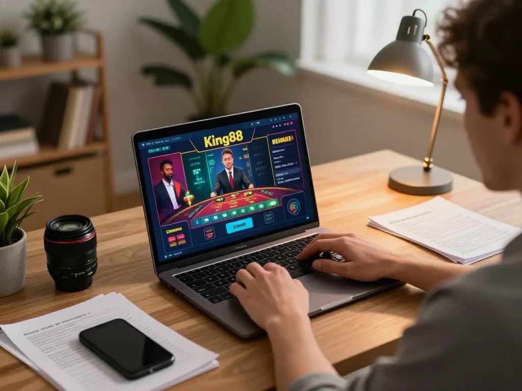 Experience the excitement of King88 with a cozy home gaming setup showcasing an online casino on a laptop.