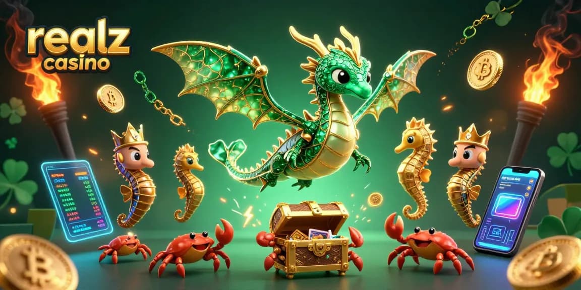 Experience the excitement of realz casino with a vibrant 3D illustration of a fantasy-themed scene featuring unique characters and dynamic elements.
