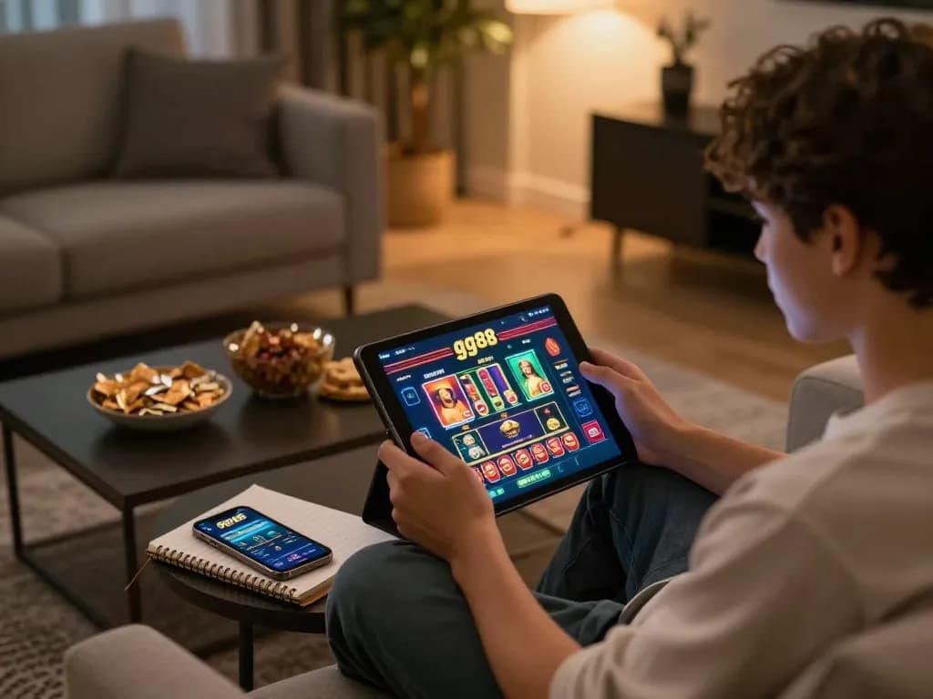 Player enjoying online gaming on the gg88 platform, showcasing a relaxed and strategic home environment.