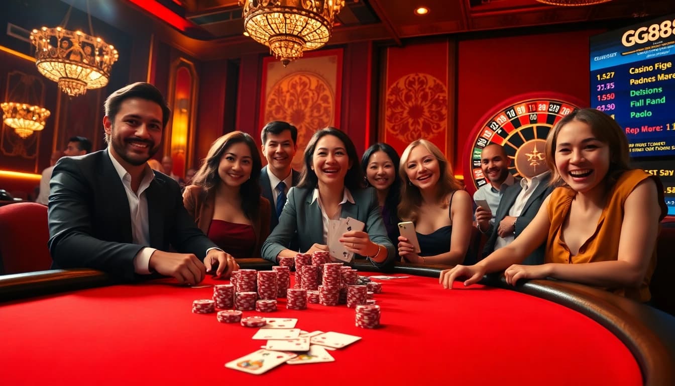 Excited gamblers at a luxurious GG88 poker table, featuring cards and vibrant chips.