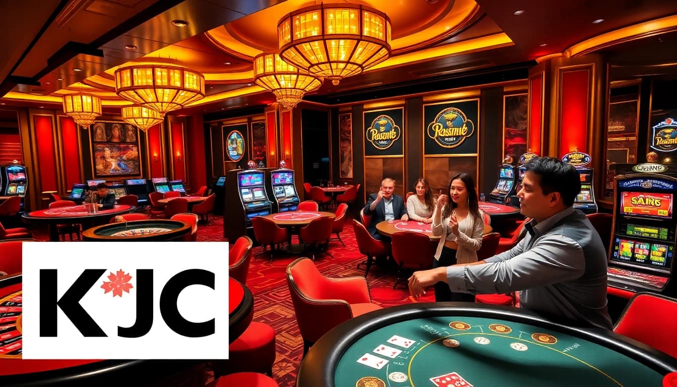 KJC casino scene showcasing exciting players at roulette and poker tables.