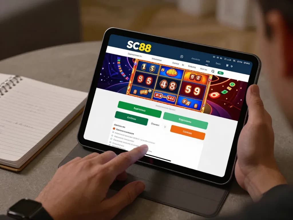 Engaging in đăng ký SC88 with an online casino tablet setup in a cozy home atmosphere.