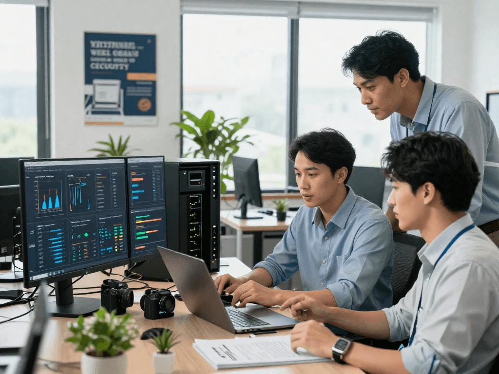 Daten- und IT-Sicherheit Dienstleistung - IT security experts collaborating in a modern workspace focused on data protection.