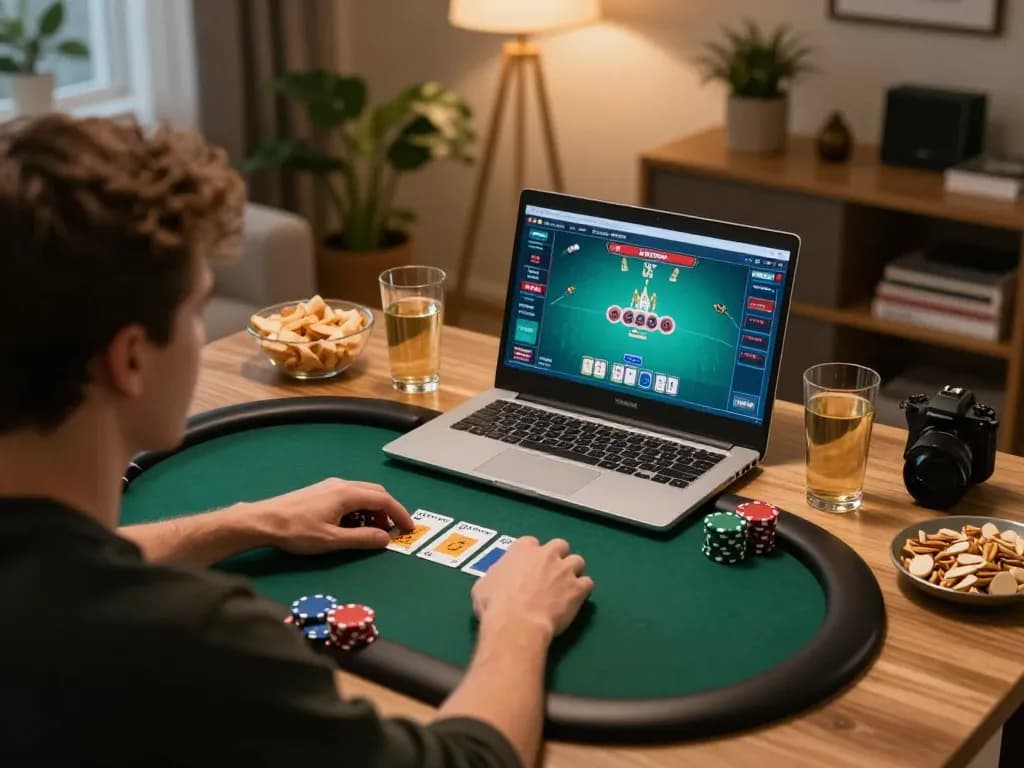 Player strategizes in an exciting kuwin1 online poker game at home, showcasing gameplay on a laptop.