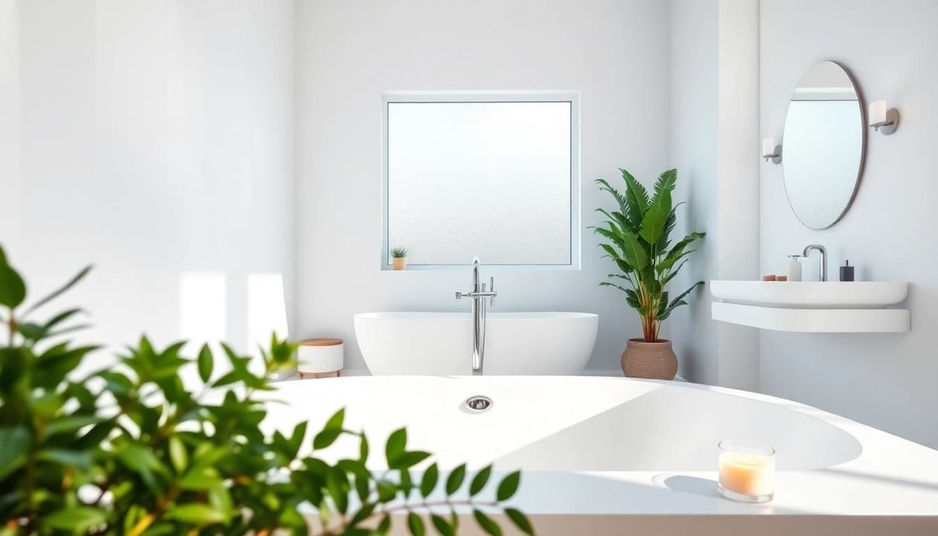 Transform your bathroom remodeling with a serene, modern design featuring a sleek bathtub and natural elements.