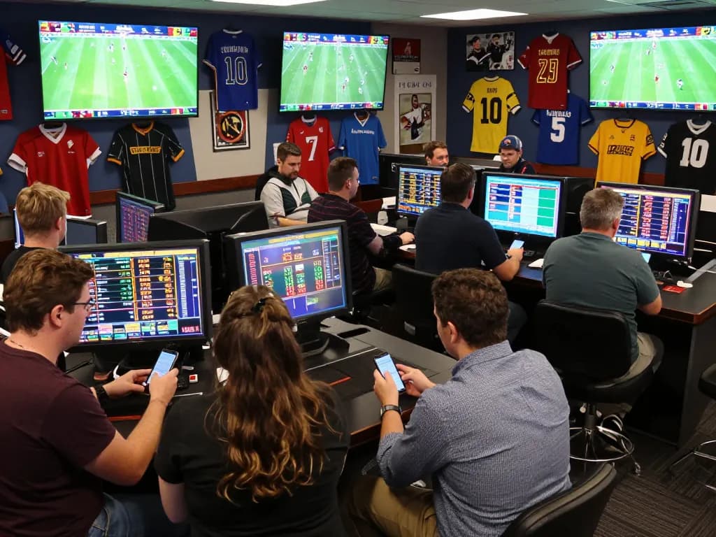 Betting excitement unfolds at 7m-7m sports lounge with active bettors analyzing odds.