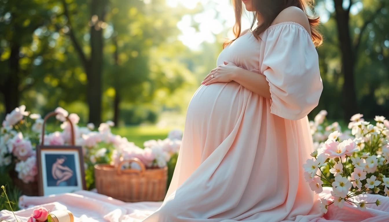 Professionelle Schwangerschaftsfotografie zeigt eine werdende Mutter im Freien, die sanft ihren Babybauch hält.