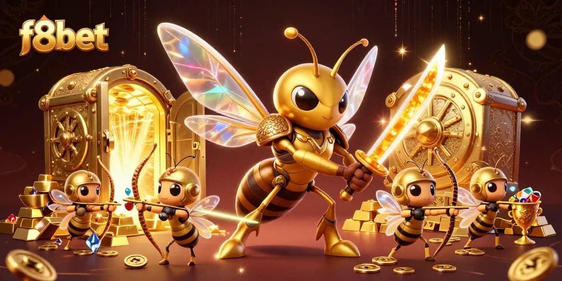 Immersive f8bet gaming scene showcasing golden hornet and bee archers amidst treasure and excitement.