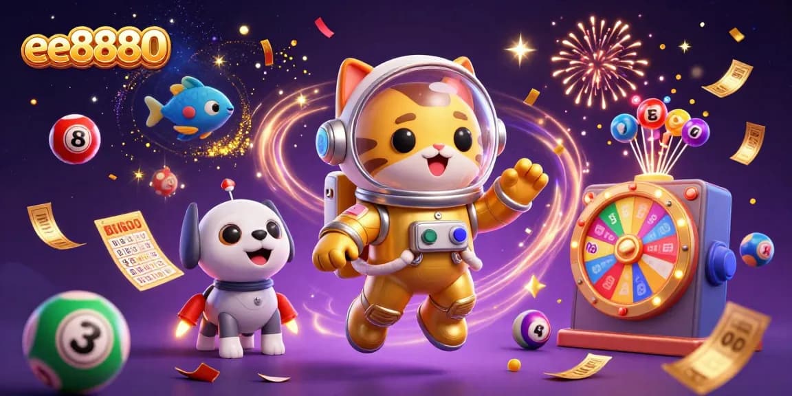 Experience thrilling lottery action with ee8880 in a dynamic 3D casino scene filled with colorful elements.