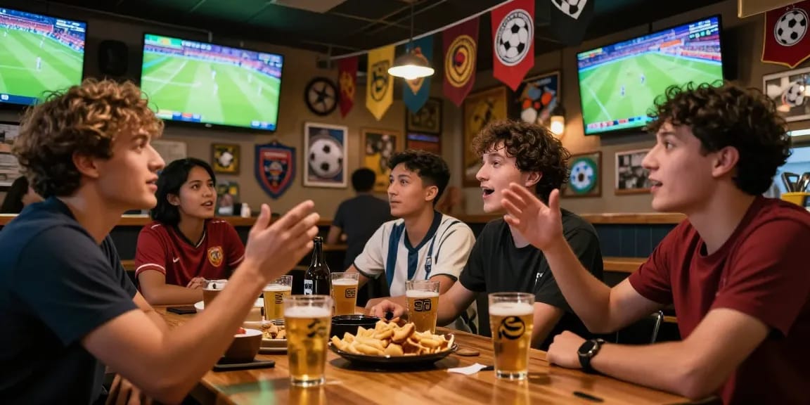 Fußballwetten in einem lebhaften Sportbar mit Freunden und lebhafter Atmosphäre.