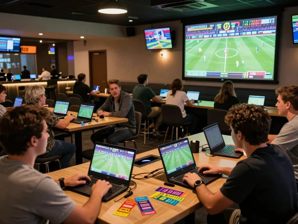 Watchballonline patrons engaging in live sports betting, showcasing excitement in a vibrant lounge.
