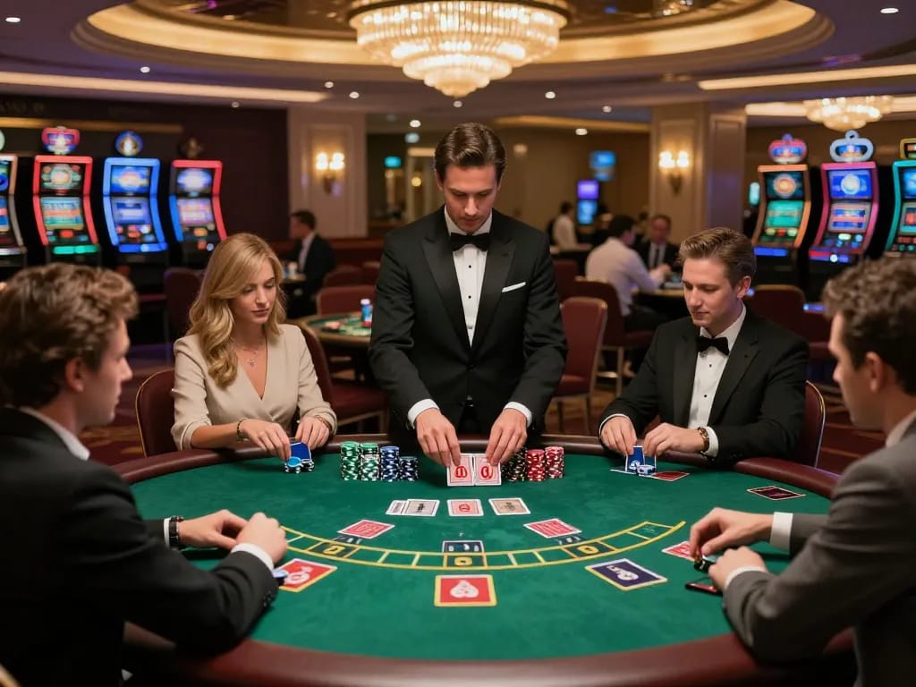 Players strategizing at a blackjack table in a casino featuring directregth action and vibrant ambiance.