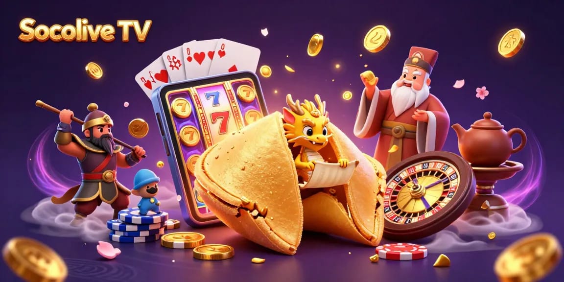 Socolive TV offers immersive slot gaming experiences with animated scenes featuring a golden fortune cookie and vibrant game elements.