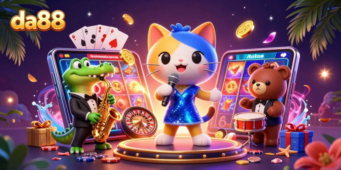 Experience the thrill of da88 casino with captivating characters and vibrant game elements in this artistic illustration.