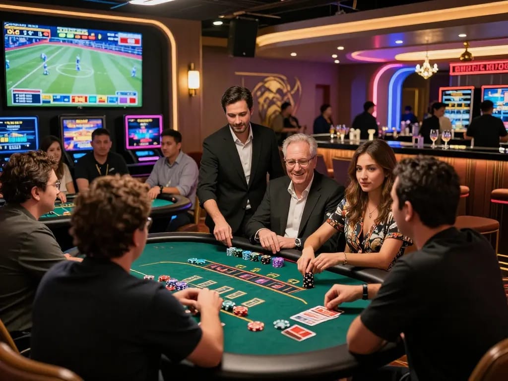 Exciting live casino atmosphere at bong99 with players and dealers.