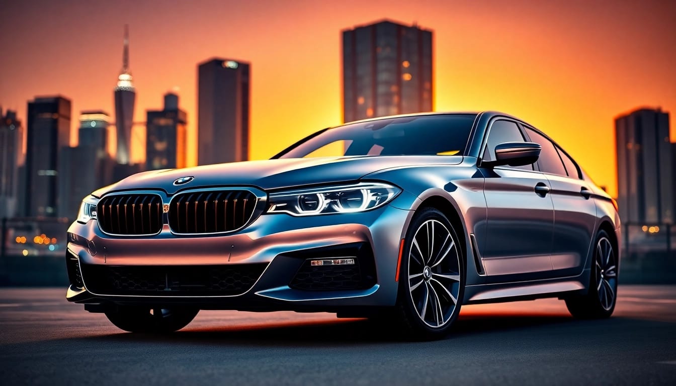 BMW kaufen:Modernes, stilvolles BMW-Auto in urbanem Umfeld bei Sonnenuntergang.