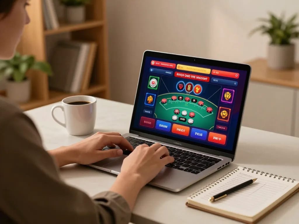 Player engaging in online casino gaming on rr88c with vibrant interface and strategy notes.
