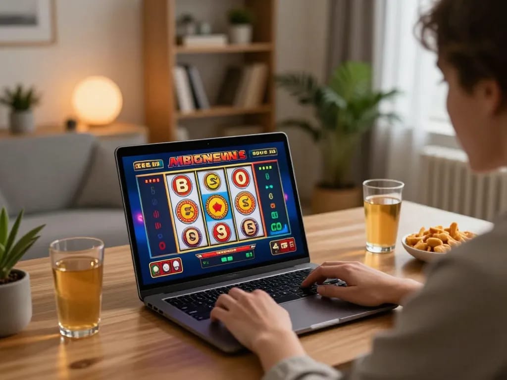 Player enjoying dynamic slot game on vuabet88i at home, highlighting online gaming excitement.