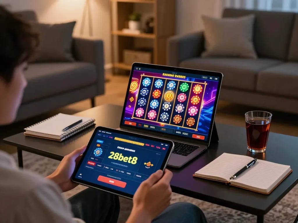 Player enjoying a slot game on the 28bet8 app, showcasing interactive online gaming.