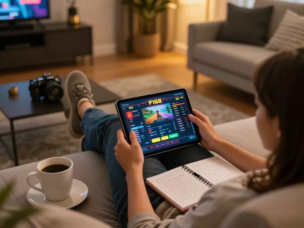 Engaging in online gaming on F168 with tablet in a cozy home setup.