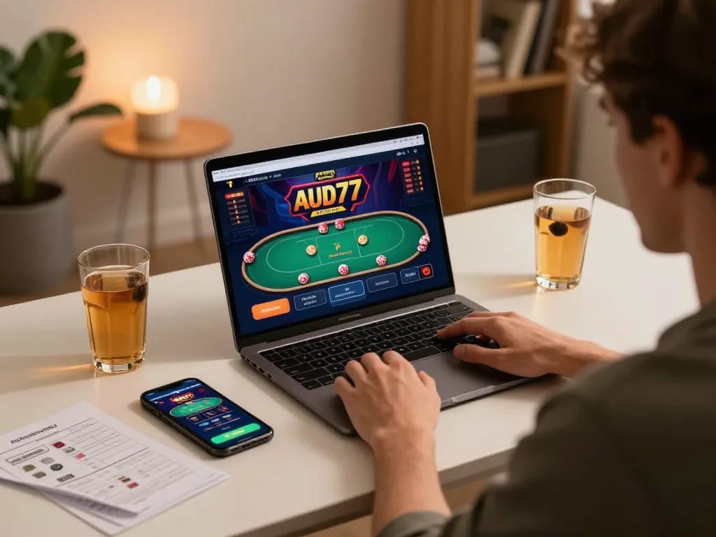 Player engaged in aud77 poker gameplay on laptop with strategy notes and a smartphone nearby.