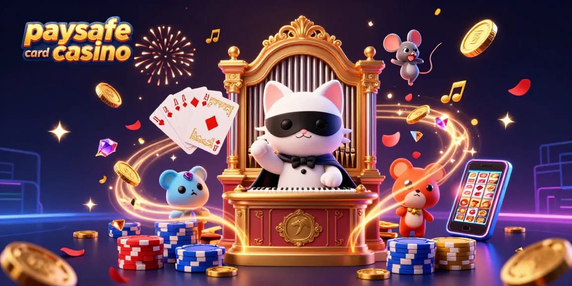 Erleben Sie die Aufregung von Paysafe Card Casinos mit unserer dynamischen 3D-Illustration von Casino-Elementen und Charakteren.
