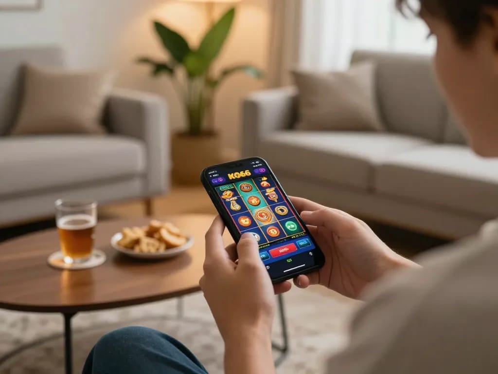 Quay cuộn trên ứng dụng KO66 trong một không gian ấm cúng với đồ ăn nhẹ và đồ uống