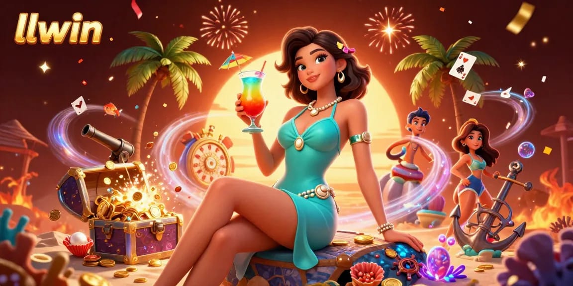 Engage with llwin at a luxurious beach casino, featuring vibrant characters, floating cards, and treasures.