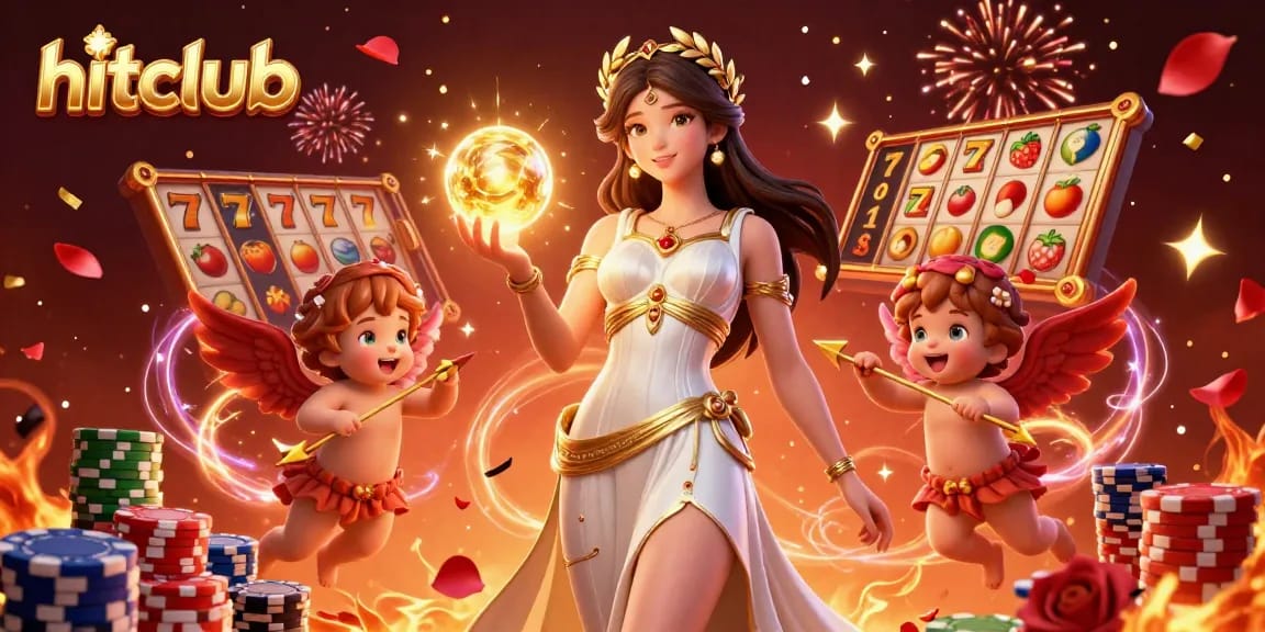 Hitclub offers exciting jackpots with vibrant slots, featuring a goddess and Cupid characters.