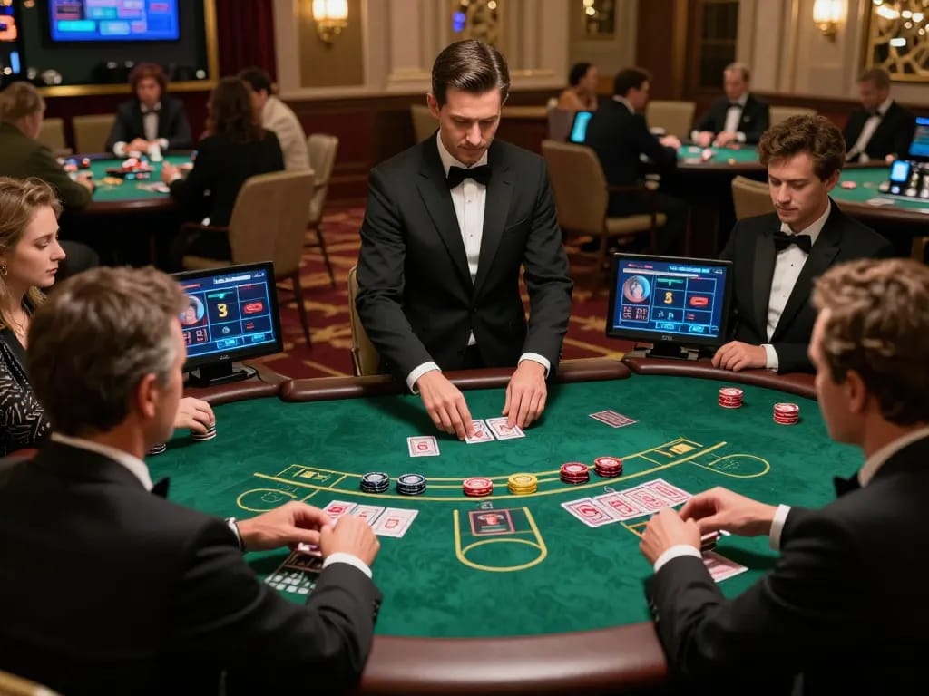 Players strategizing at a live blackjack table, highlighting VA88's thrilling gameplay in a luxurious casino.