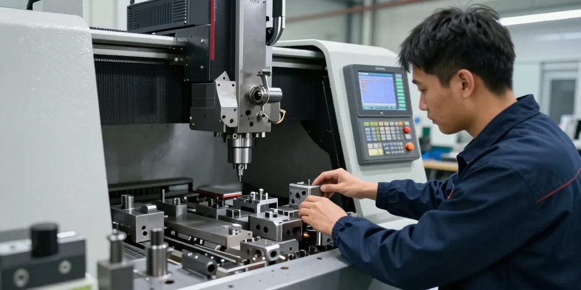 CNC-Bearbeitung: Fachtechniker bei der Einstellung einer CNC-Maschine in einer modernen Produktionsumgebung.