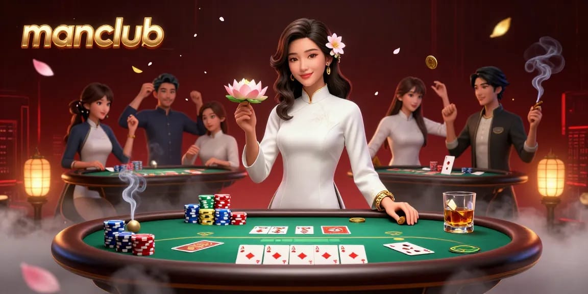Experience thrilling gameplay at manclub with a vibrant scene of poker, chips, and festive elements.