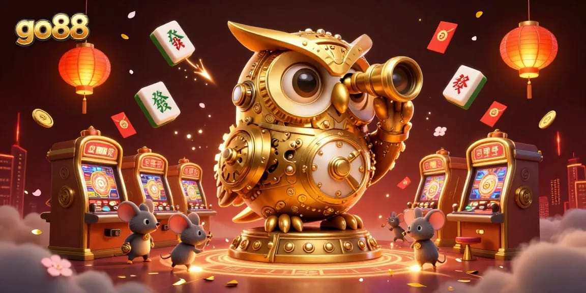 Experience the go88 ambiance as a majestic golden owl surveys the vibrant casino, filled with colorful game elements.