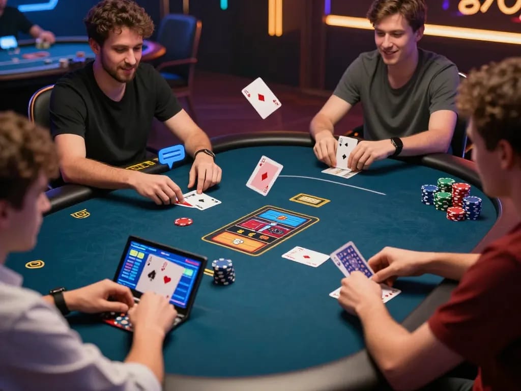 Players engaged in an exciting online poker game at F8bet com, showcasing dynamic gameplay and strategic betting.