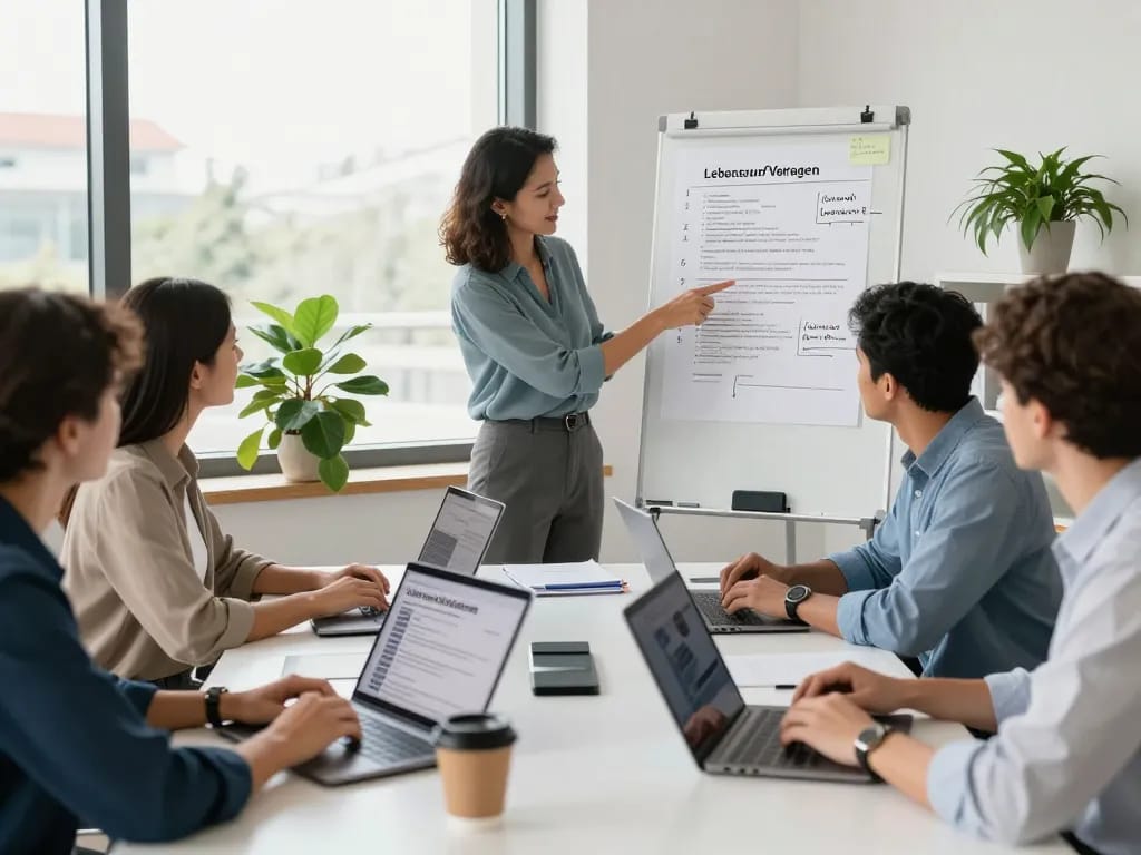 Team, das in einem modernen Büro mit Lebenslauf Vorlagen zusammenarbeitet und professionelle Resume-Strategien präsentiert.