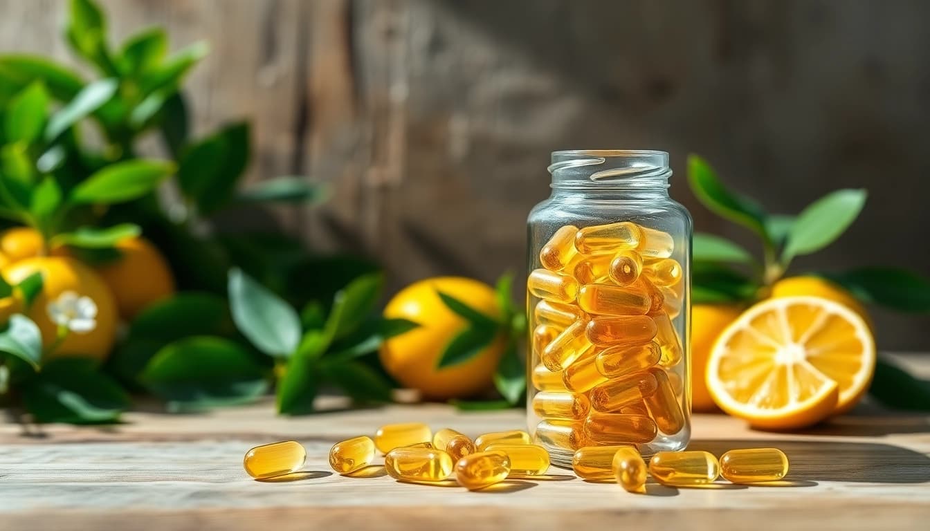 Vegane Nahrungsergänzungsmittel in einer ansprechenden Anordnung mit frischen Zutaten.