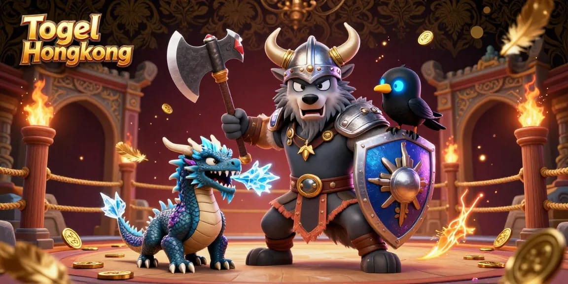 Togel Hongkong showcases an epic battle scene with a Viking wolf warrior, dragon, and glowing raven in a rich, energetic environment.