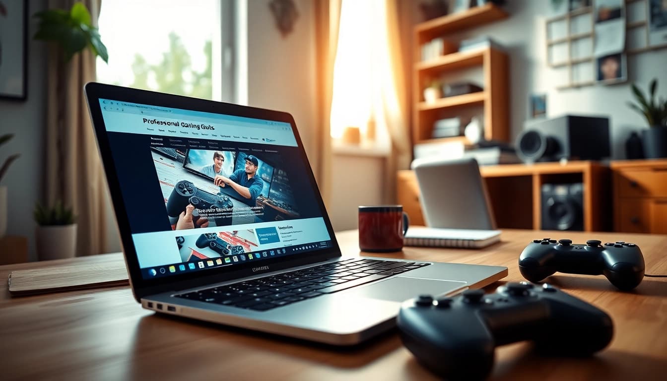 Aktuelle Games News auf dem Laptop-Bildschirm in einem modernen Arbeitsraum.
