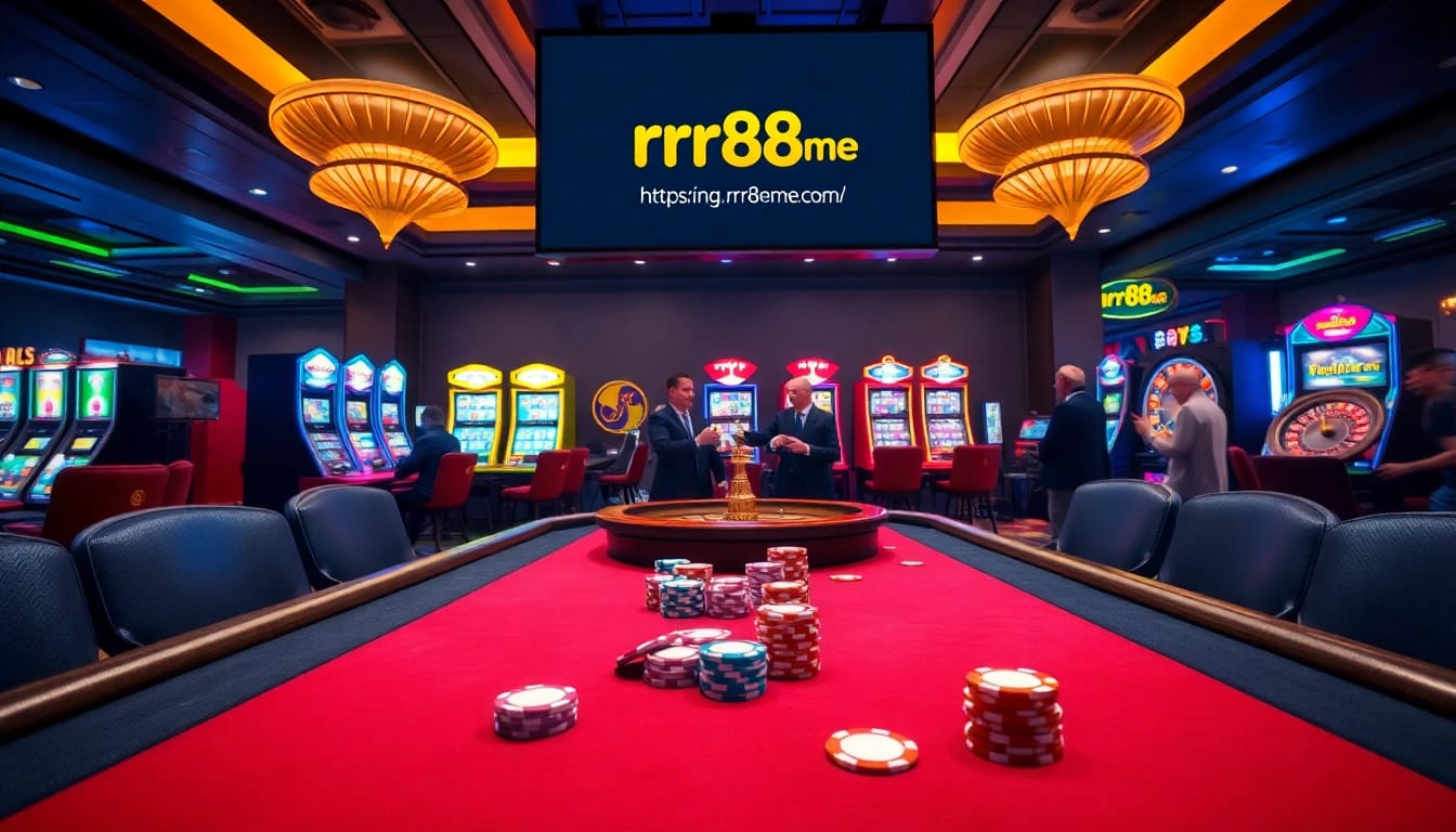 A vibrant casino scene showcasing poker and slot games at https://rr88me.com/, featuring colorful chips and dramatic lighting.