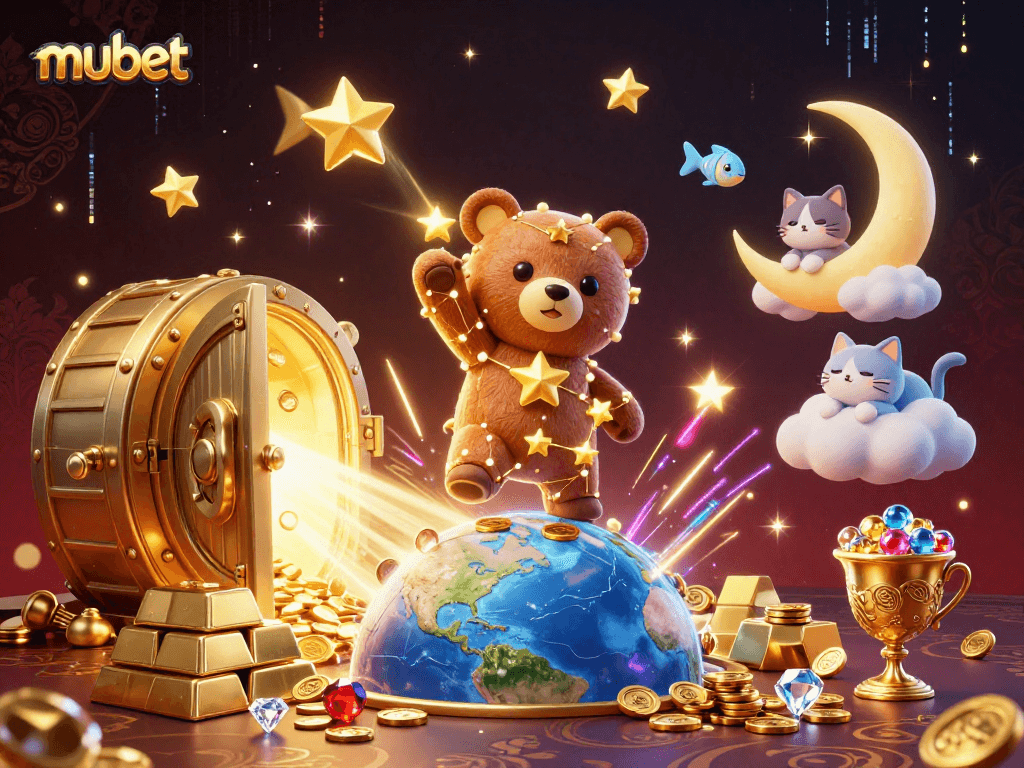 win big at mubet with a dazzling night sky filled with treasures and playful celestial characters