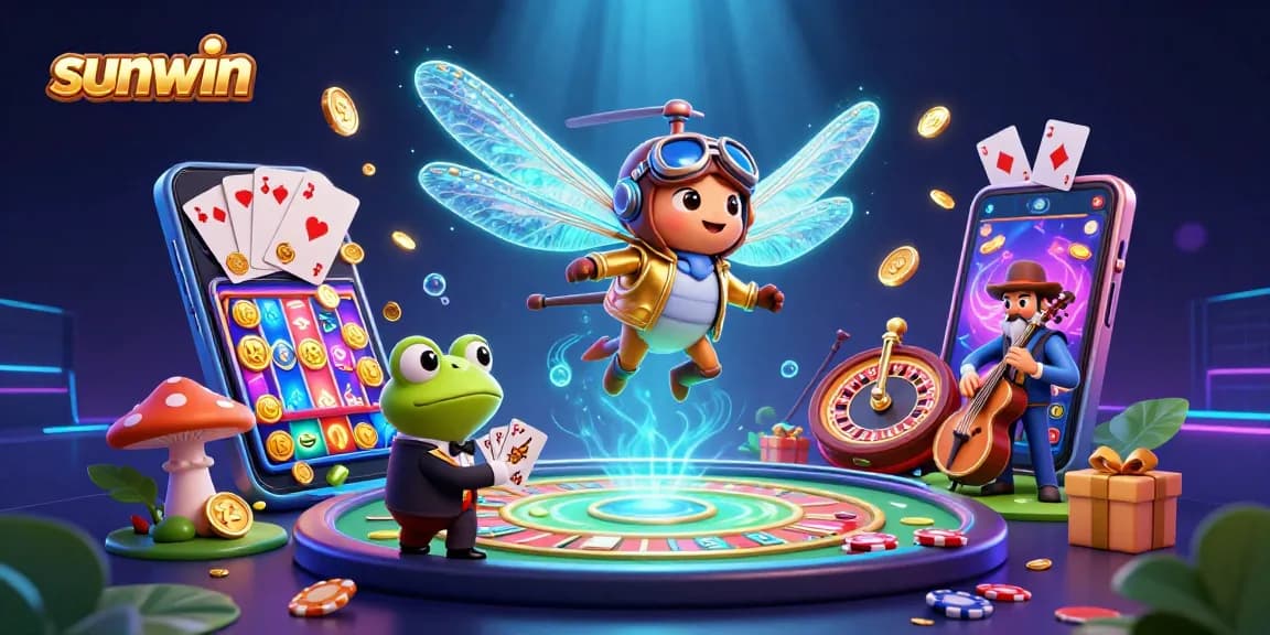 Engaging sunwin scene with a dragonfly pilot, frog croupier, and vibrant casino elements.