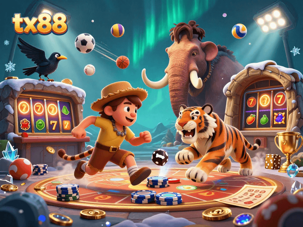 Win big with tx88 in this lively 3D casino scene featuring cavemen and slot reels!