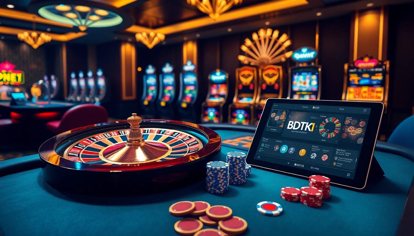 Engaging casino scene with roulette and poker, emphasizing BDTK1's thrilling strategies.