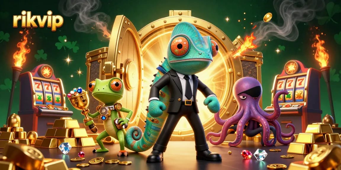 Spin the reels in the vibrant rikvip casino illustration filled with treasures and games.