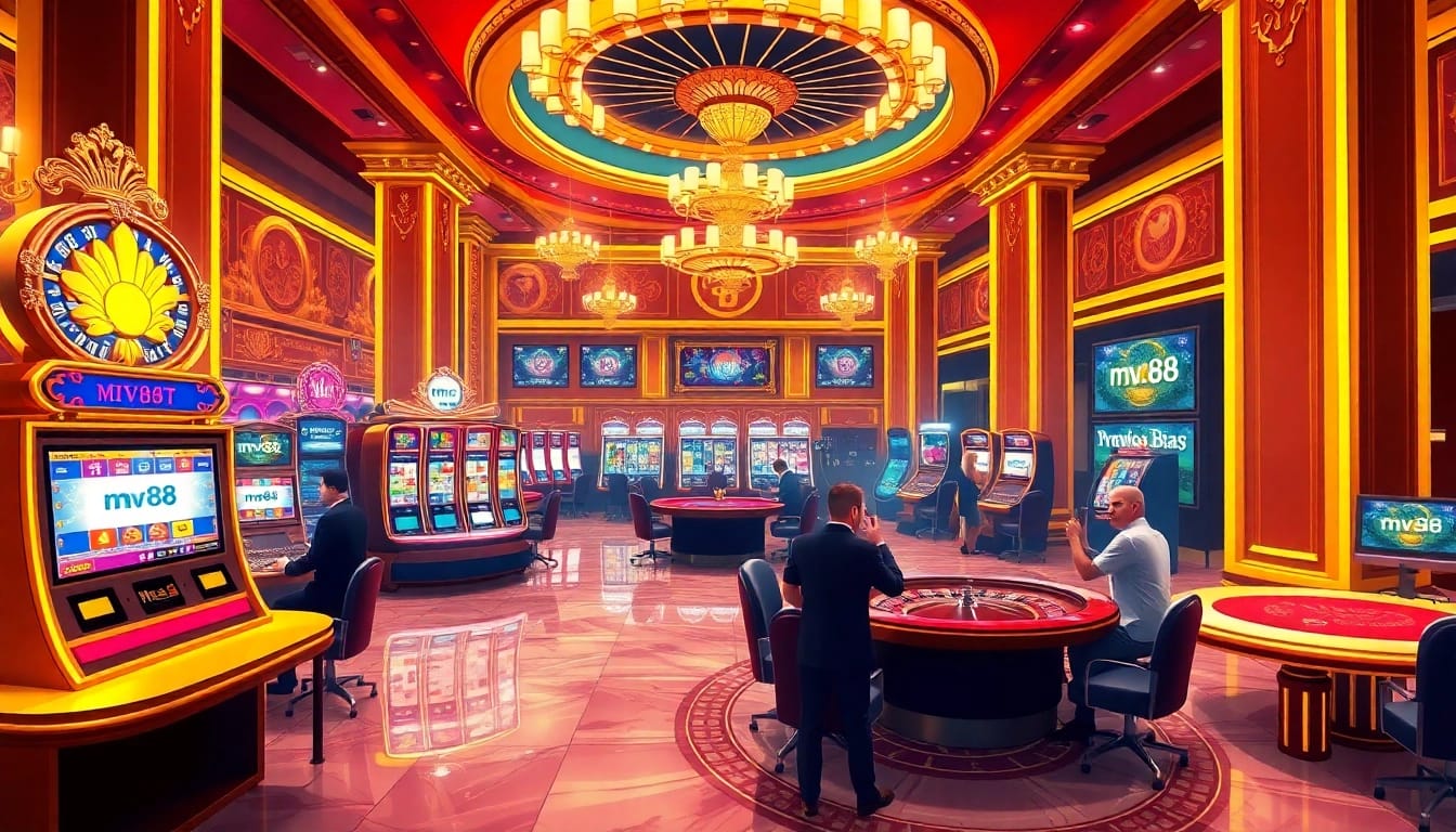 Players enjoying various games at a luxury casino with mv88 branding, showcasing the thrill of gambling.
